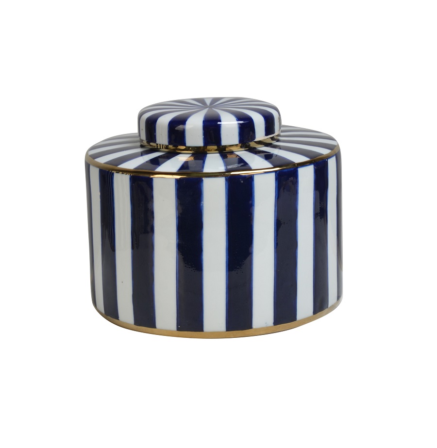 White/blue ceramic lidded jar stripe