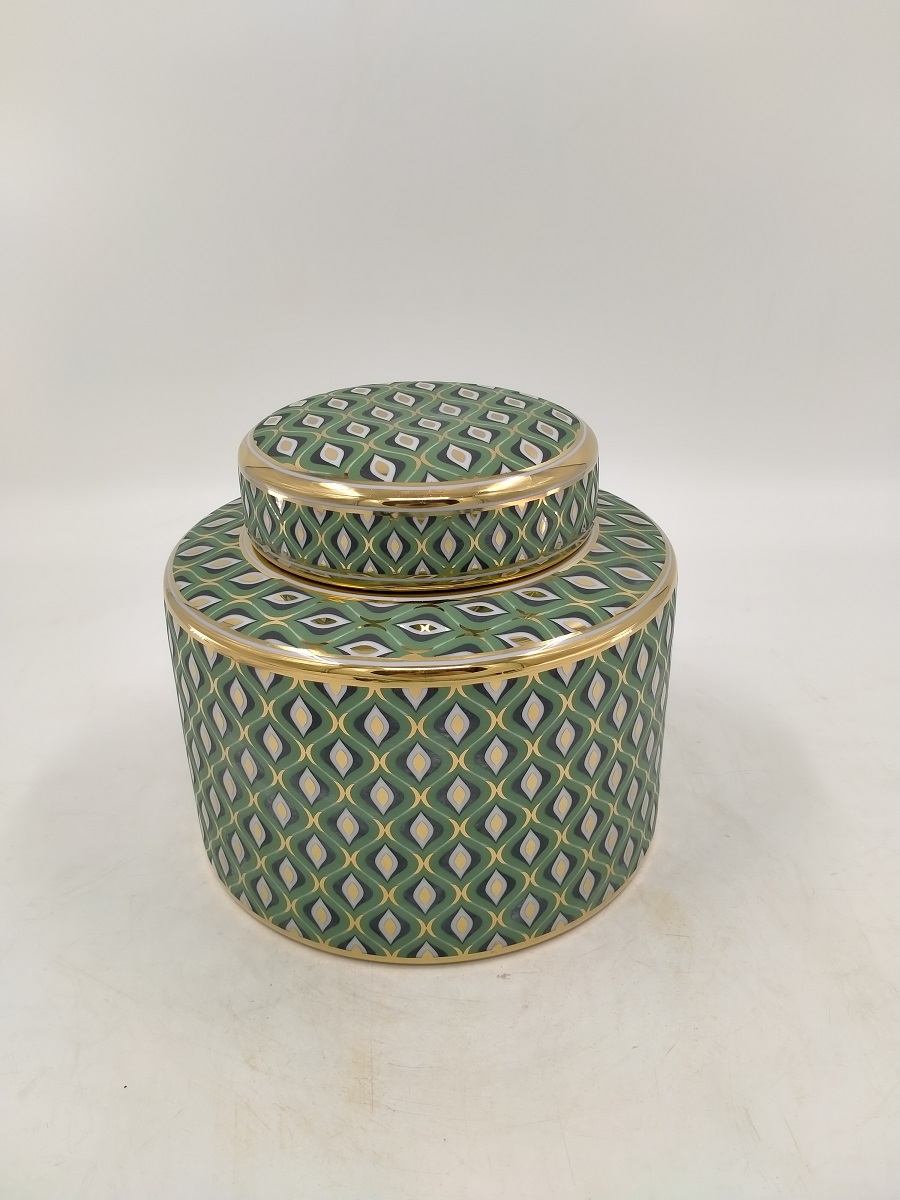 Pot w/lid ceramic green/gold doha d20