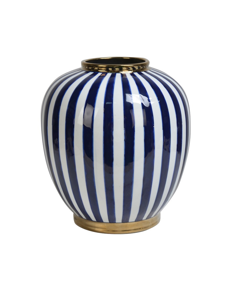 Vază ceramică alb/albastru cu dungi, H30 cm