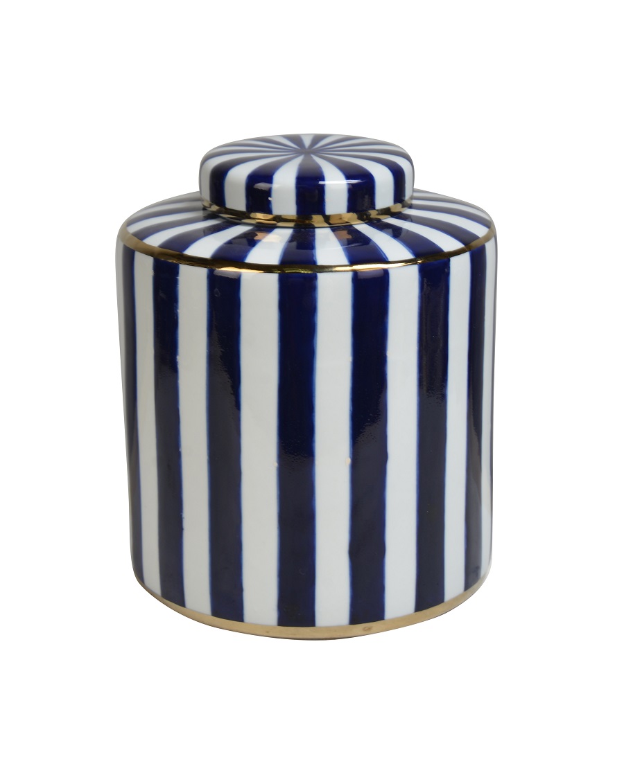White/blue ceramic lidded jar stripe