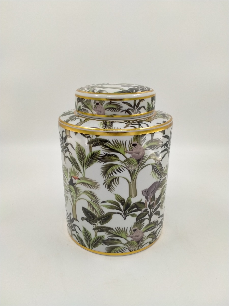 Vas ceramic cu capac Jungle, multicolor, H27,5 cm