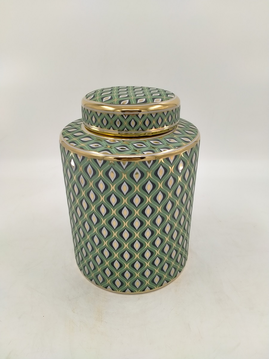 Pot w/lid ceramic green/gold doha d20