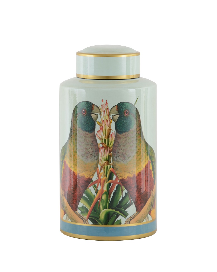 Lidded jar macaw multicolour ceramic