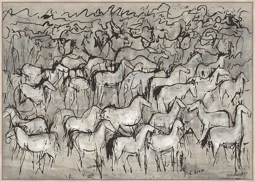 Tablou pe iută gri cu cai, 160x120 cm