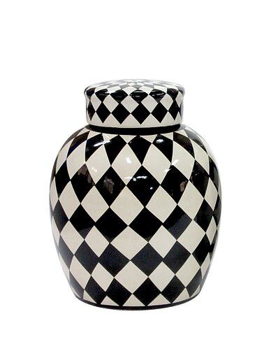 Pot w/lid black/white ceramic venezia