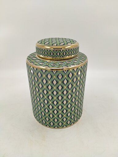 Pot w/lid ceramic green/gold doha d20