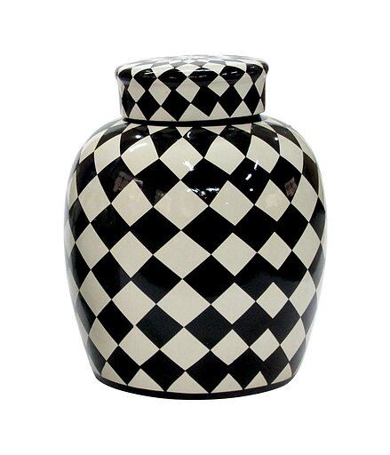 Pot w/lid black/white ceramic venezia