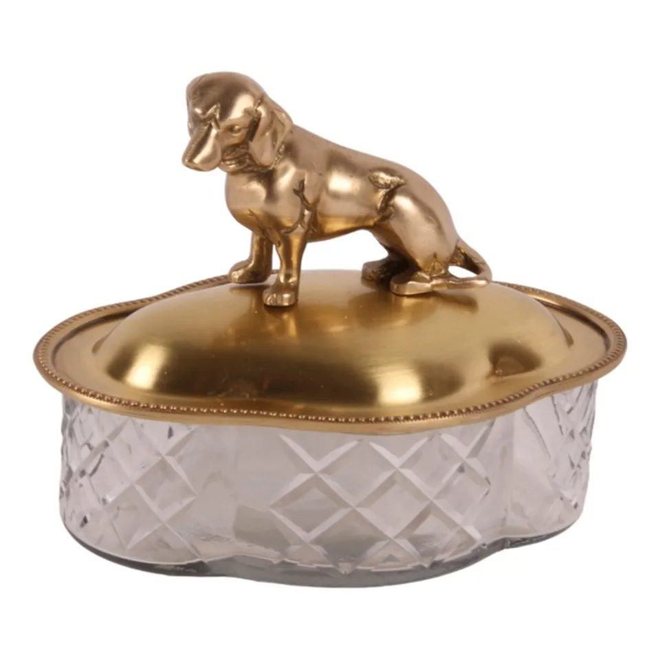 Cutie decorativă din alamă cu cățel, 17 cm