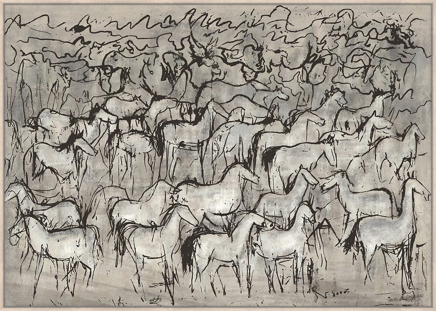 Tablou pe iută gri cu cai, 160x120 cm