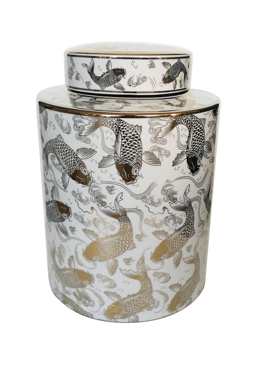 POT W/LID CERAMIC WHITE/GOLD FISH 27.5 h